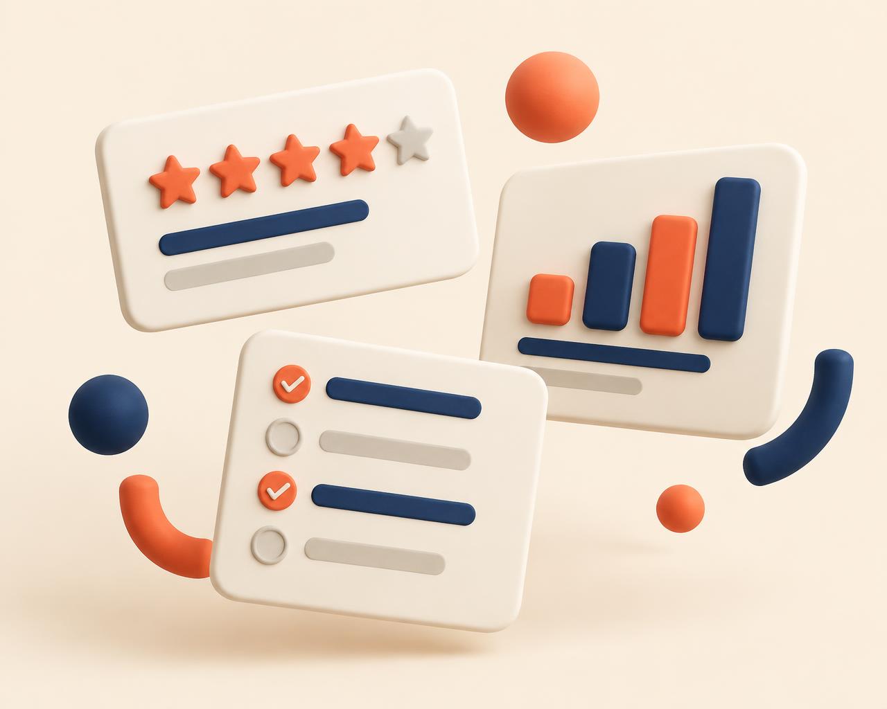Survey cards with ratings, choices and charts